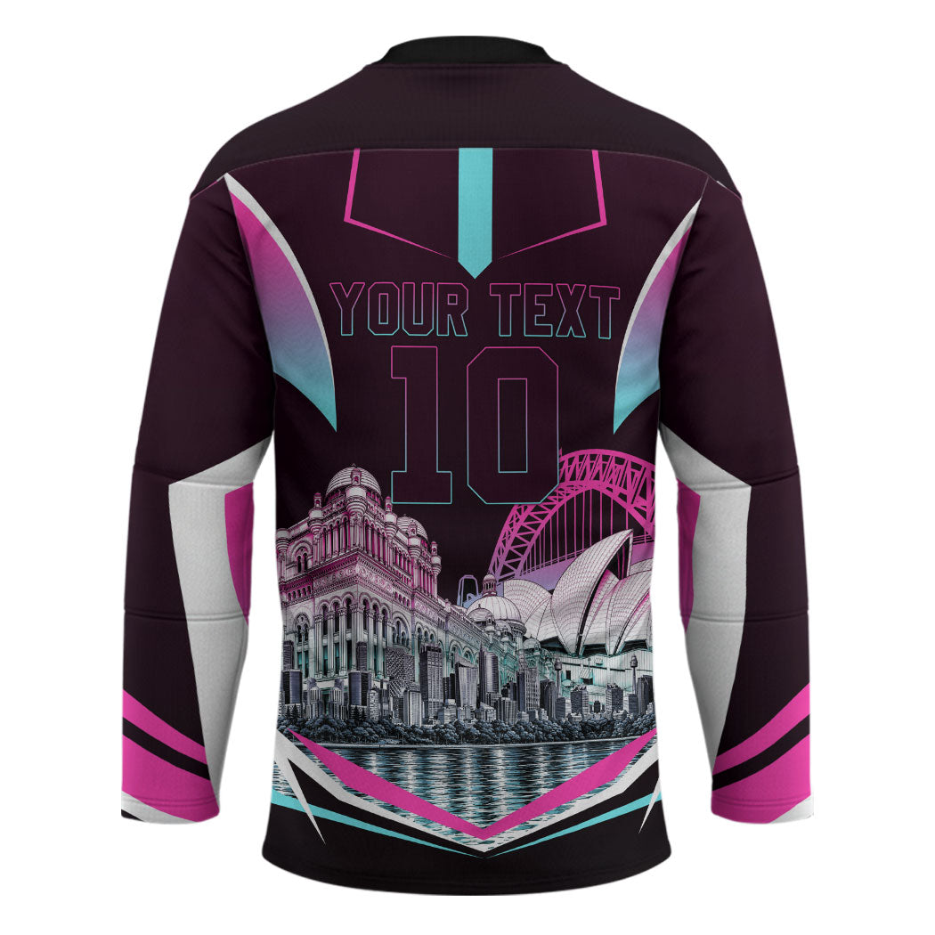 Personalised Sydney Sixers Cricket Mascot Skyline Hockey Jersey Retro Neon Graphic Fan Art