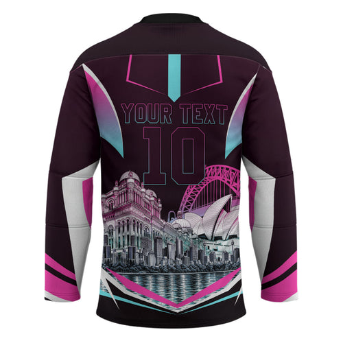 Personalised Sydney Sixers Cricket Mascot Skyline Hockey Jersey Retro Neon Graphic Fan Art
