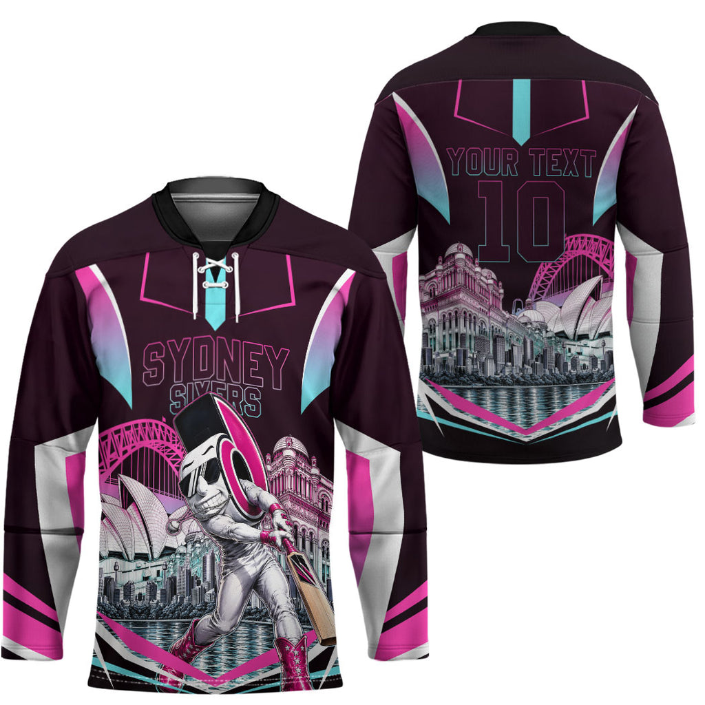 Personalised Sydney Sixers Cricket Mascot Skyline Hockey Jersey Retro Neon Graphic Fan Art
