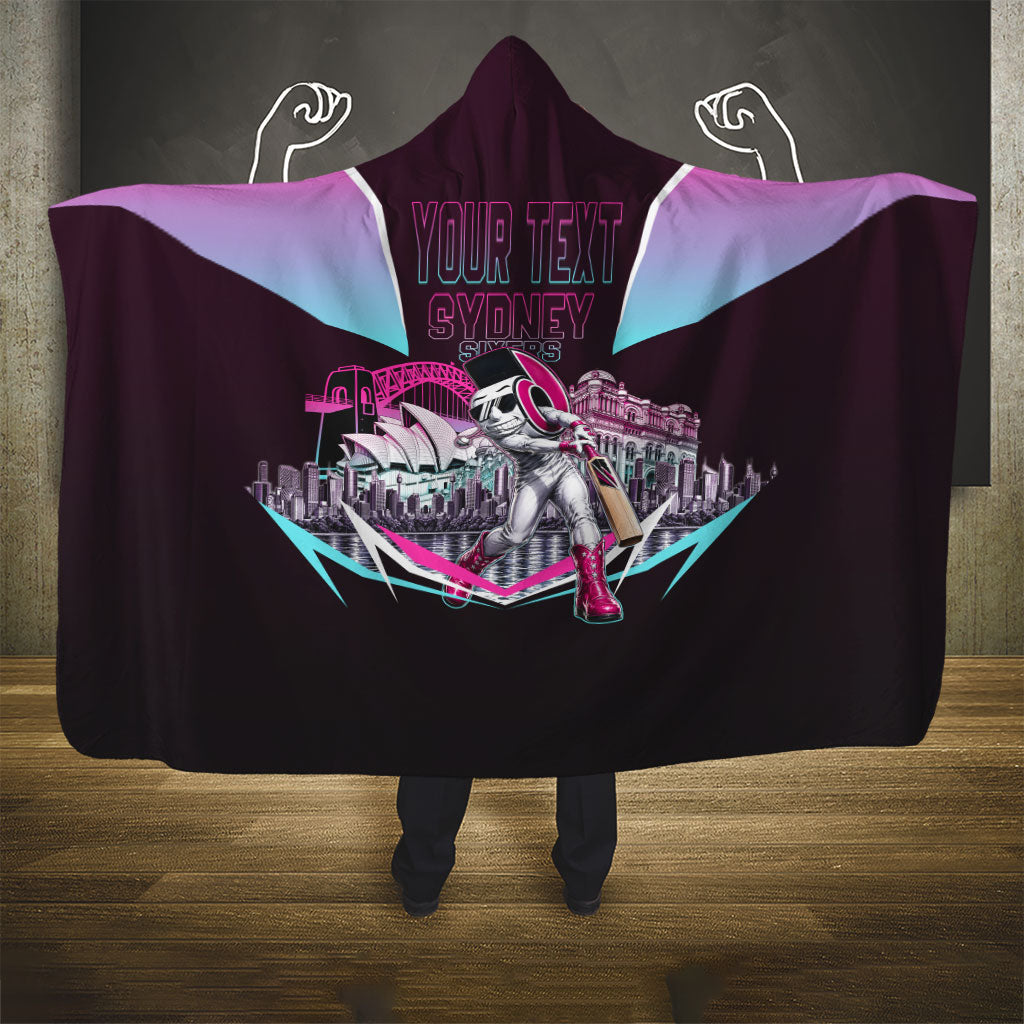 Personalised Sydney Sixers Cricket Mascot Skyline Hooded Blanket Retro Neon Graphic Fan Art