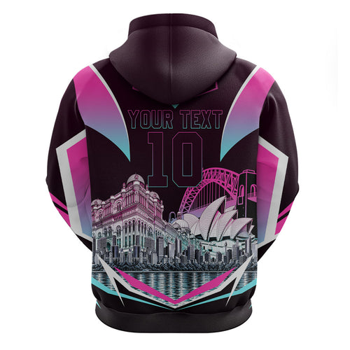 Personalised Sydney Sixers Cricket Mascot Skyline Hoodie Retro Neon Graphic Fan Art