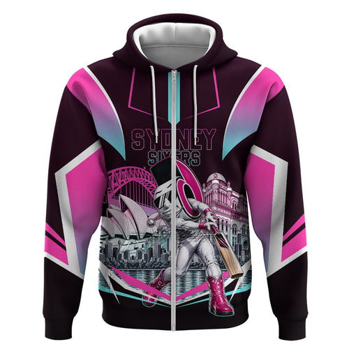 Personalised Sydney Sixers Cricket Mascot Skyline Hoodie Retro Neon Graphic Fan Art