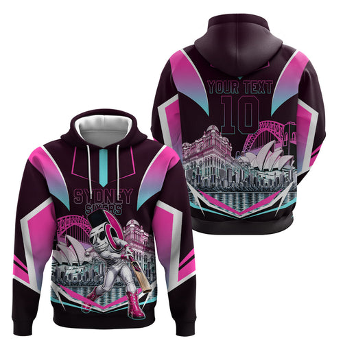 Personalised Sydney Sixers Cricket Mascot Skyline Hoodie Retro Neon Graphic Fan Art