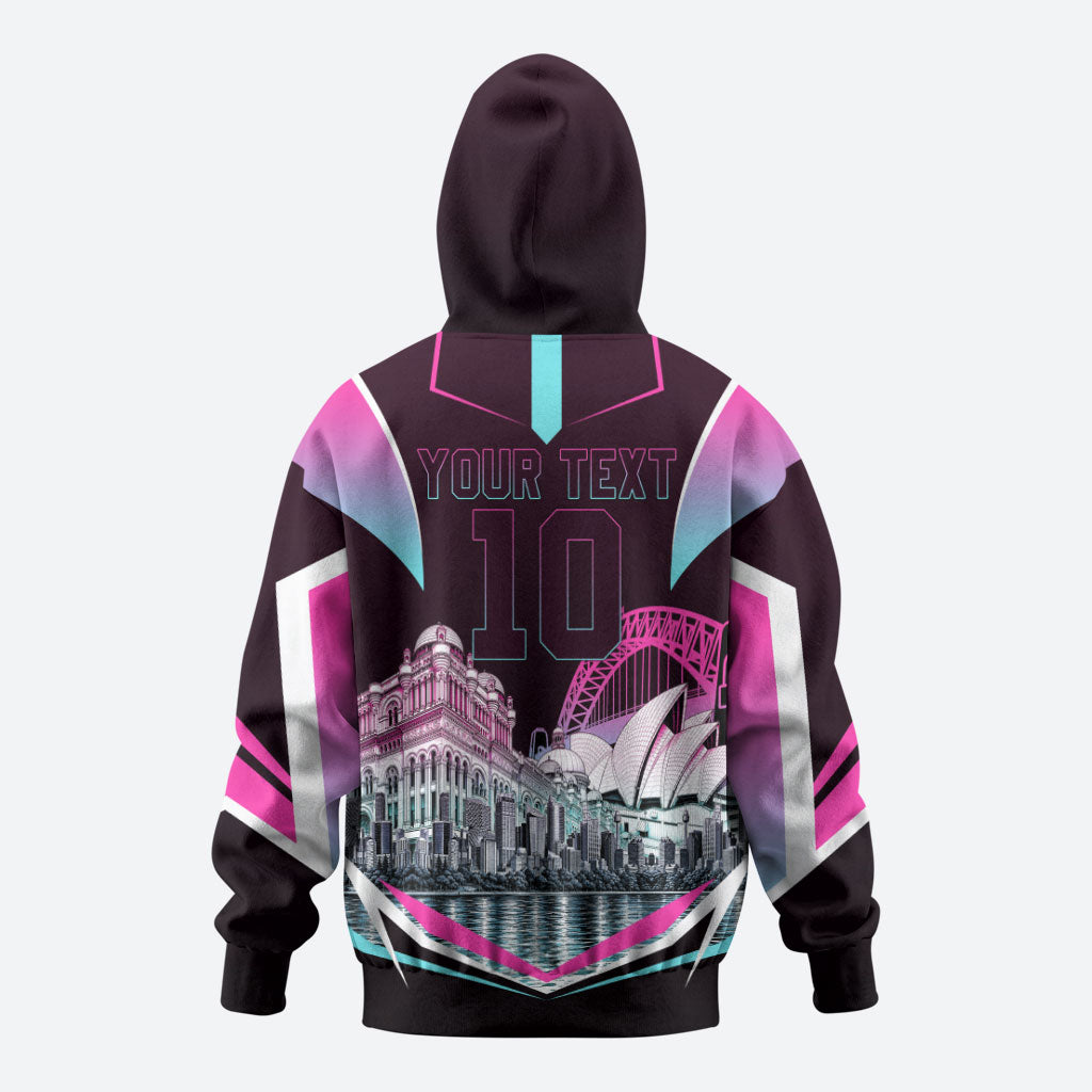 Personalised Sydney Sixers Cricket Mascot Skyline Hoodie Retro Neon Graphic Fan Art