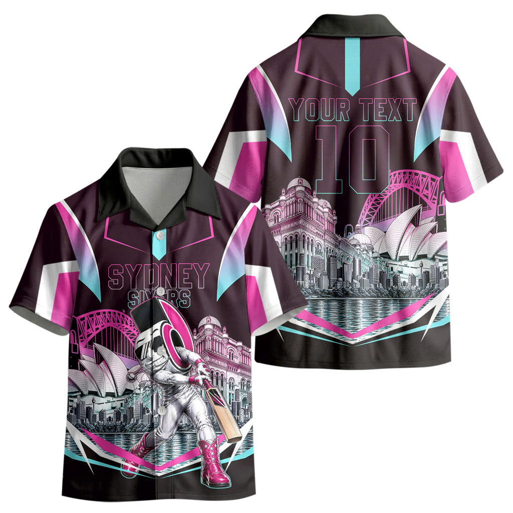 Personalised Sydney Sixers Cricket Mascot Skyline Kid Hawaiian Shirt Retro Neon Graphic Fan Art