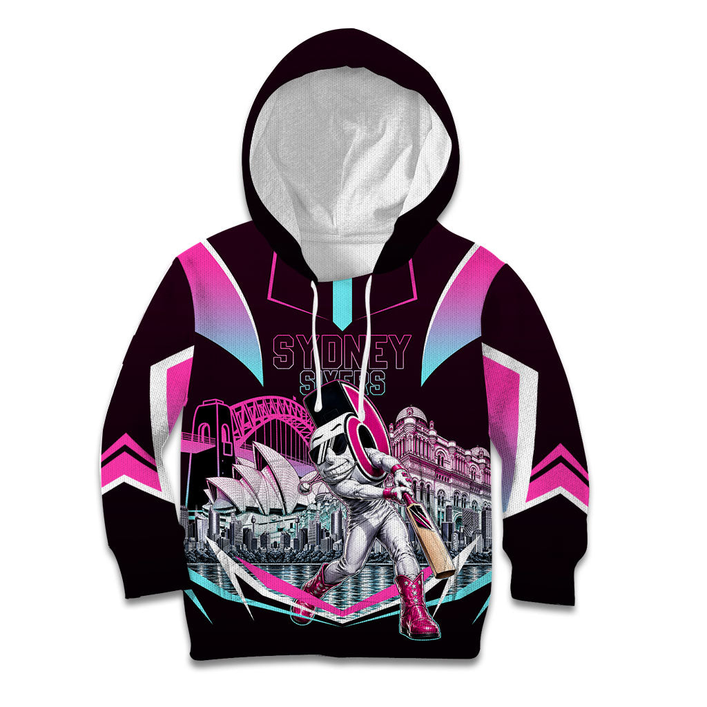 Personalised Sydney Sixers Cricket Mascot Skyline Kid Hoodie Retro Neon Graphic Fan Art