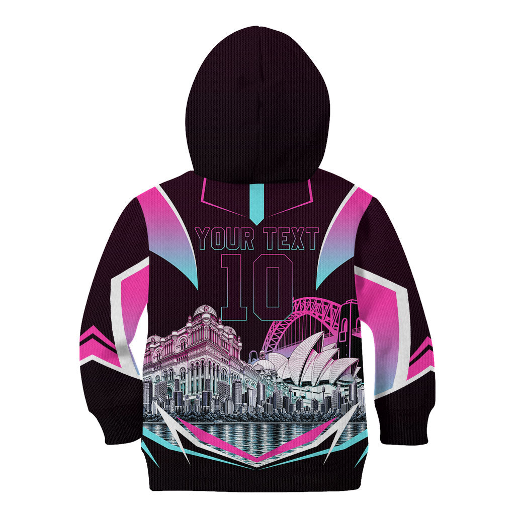 Personalised Sydney Sixers Cricket Mascot Skyline Kid Hoodie Retro Neon Graphic Fan Art