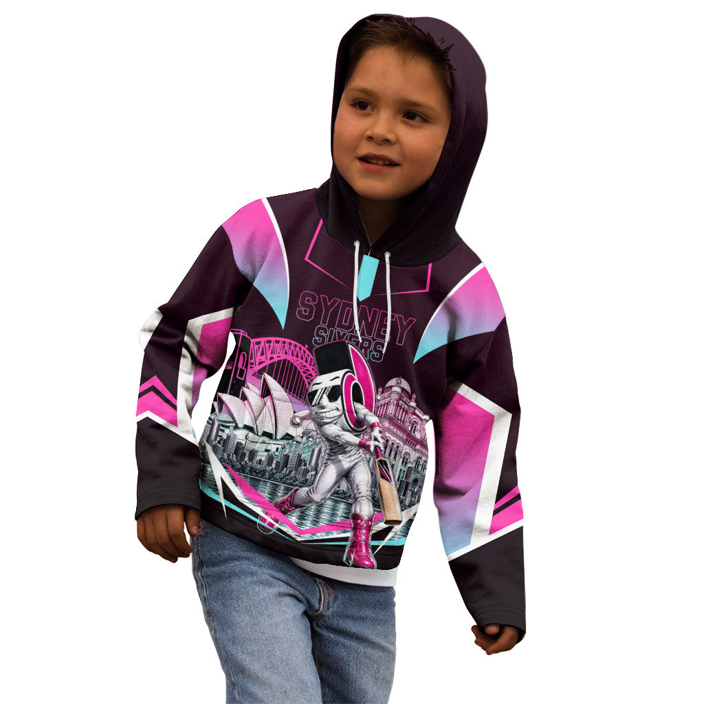 Personalised Sydney Sixers Cricket Mascot Skyline Kid Hoodie Retro Neon Graphic Fan Art