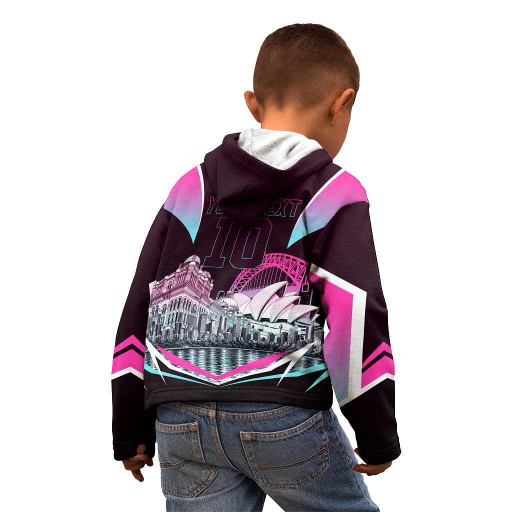 Personalised Sydney Sixers Cricket Mascot Skyline Kid Hoodie Retro Neon Graphic Fan Art