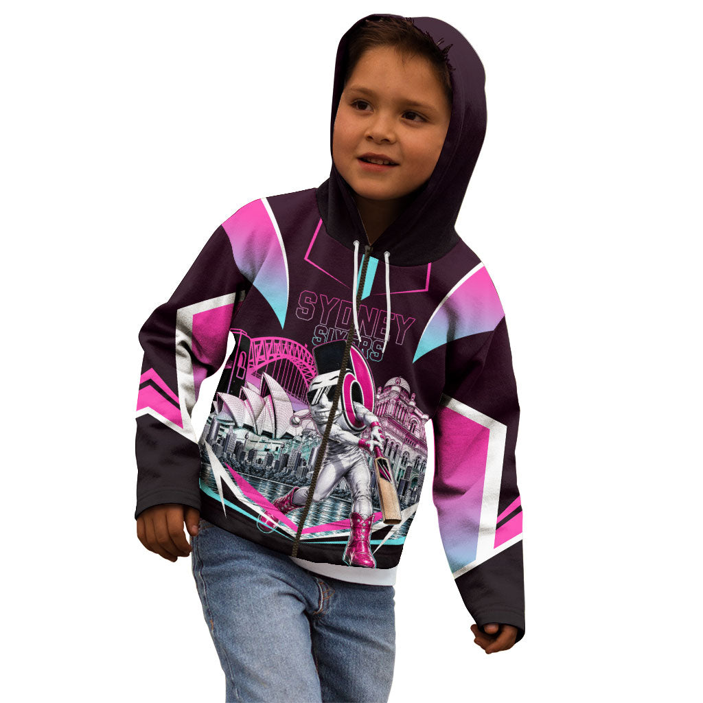 Personalised Sydney Sixers Cricket Mascot Skyline Kid Hoodie Retro Neon Graphic Fan Art