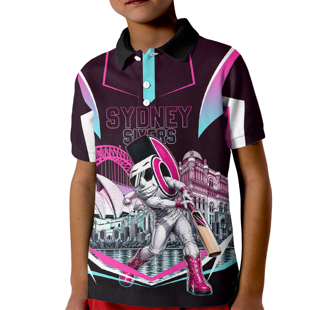 Personalised Sydney Sixers Cricket Mascot Skyline Kid Polo Shirt Retro Neon Graphic Fan Art