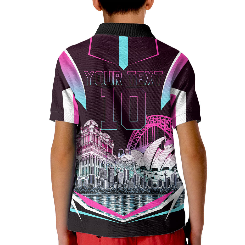 Personalised Sydney Sixers Cricket Mascot Skyline Kid Polo Shirt Retro Neon Graphic Fan Art