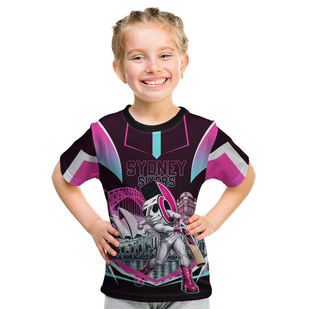 Personalised Sydney Sixers Cricket Mascot Skyline Kid T Shirt Retro Neon Graphic Fan Art
