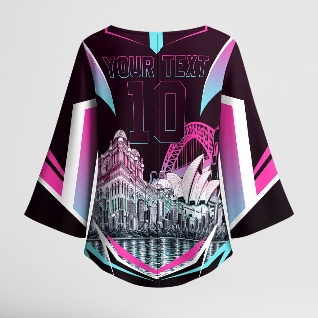 Personalised Sydney Sixers Cricket Mascot Skyline Kimono Sleeve Blouse Retro Neon Graphic Fan Art