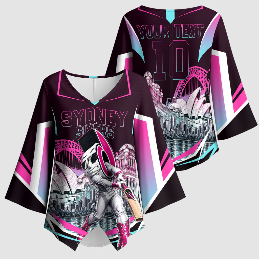 Personalised Sydney Sixers Cricket Mascot Skyline Kimono Sleeve Blouse Retro Neon Graphic Fan Art