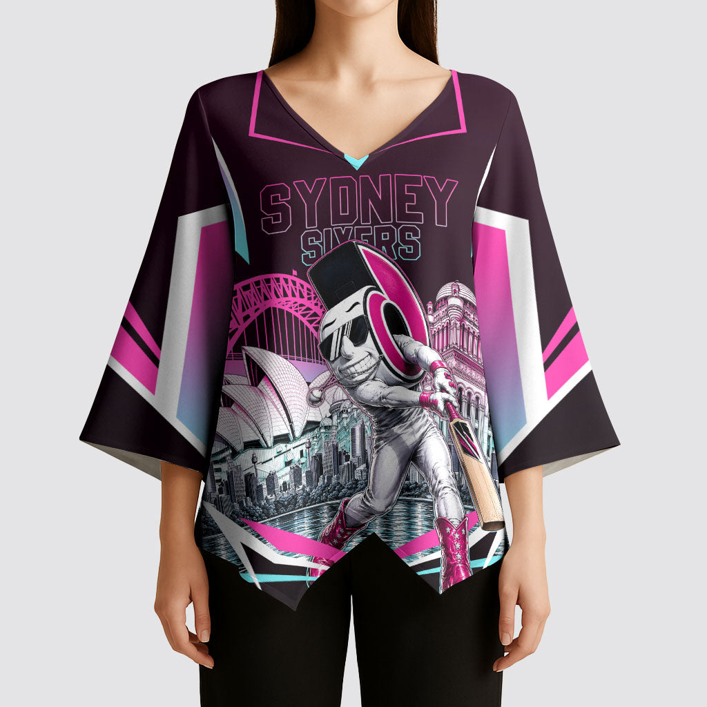 Personalised Sydney Sixers Cricket Mascot Skyline Kimono Sleeve Blouse Retro Neon Graphic Fan Art