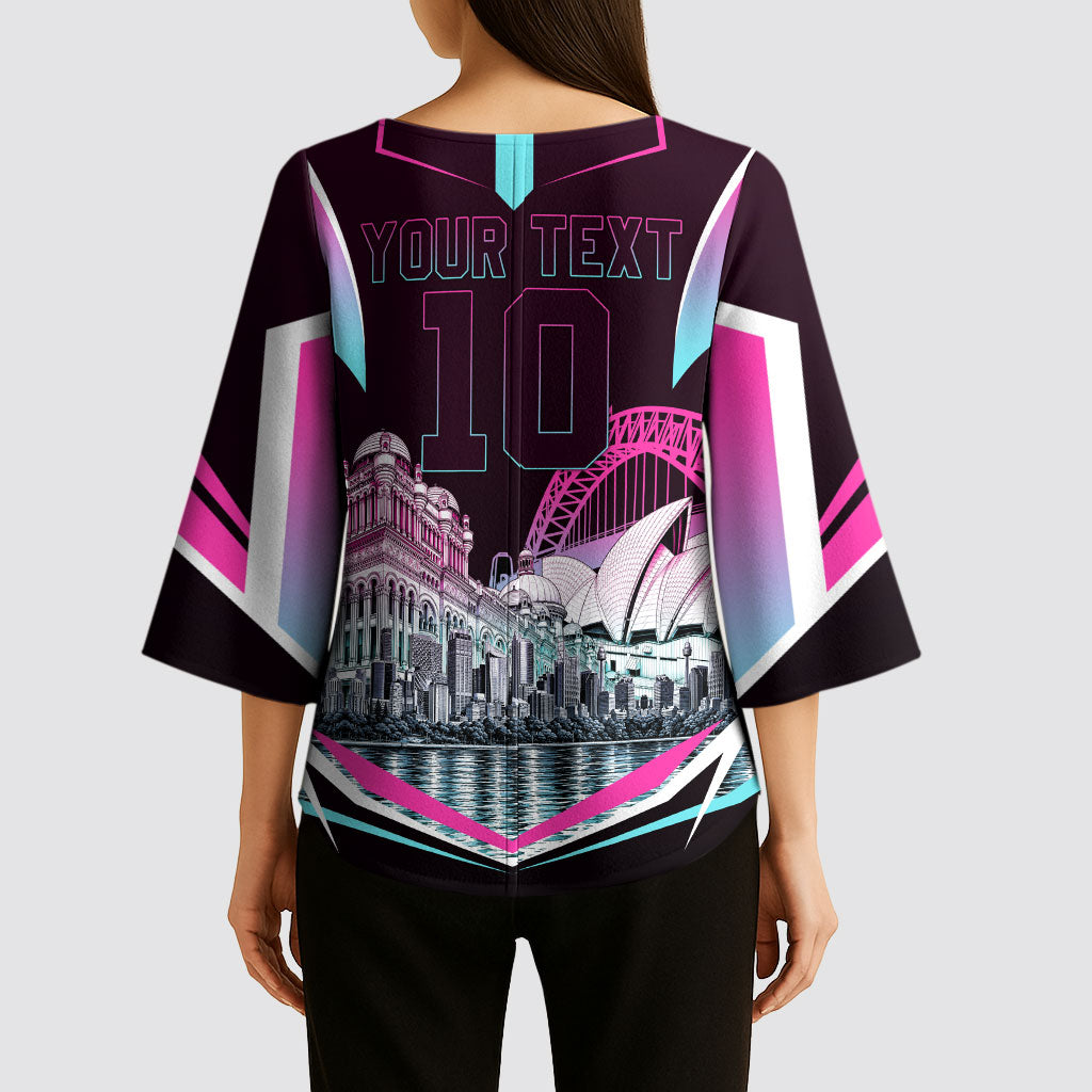 Personalised Sydney Sixers Cricket Mascot Skyline Kimono Sleeve Blouse Retro Neon Graphic Fan Art