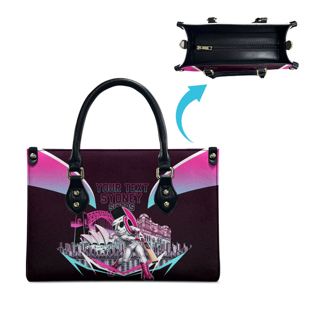 Personalised Sydney Sixers Cricket Mascot Skyline Leather Bag Retro Neon Graphic Fan Art