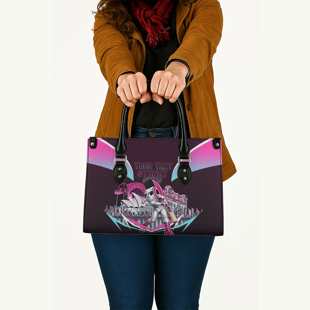 Personalised Sydney Sixers Cricket Mascot Skyline Leather Bag Retro Neon Graphic Fan Art