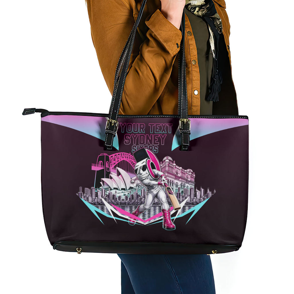 Personalised Sydney Sixers Cricket Mascot Skyline Leather Tote Bag Retro Neon Graphic Fan Art