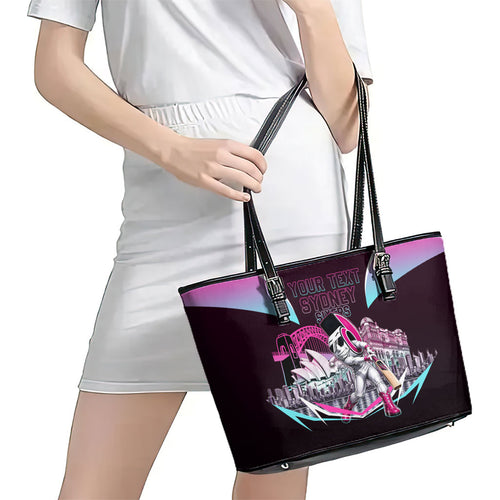 Personalised Sydney Sixers Cricket Mascot Skyline Leather Tote Bag Retro Neon Graphic Fan Art