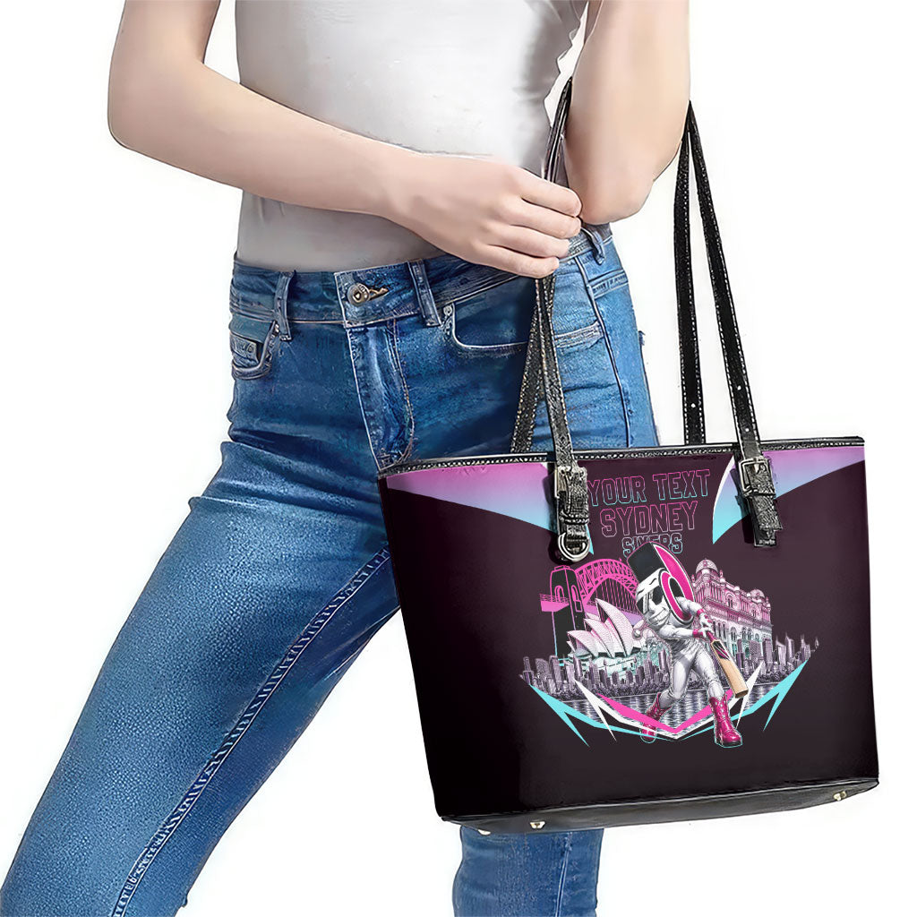 Personalised Sydney Sixers Cricket Mascot Skyline Leather Tote Bag Retro Neon Graphic Fan Art