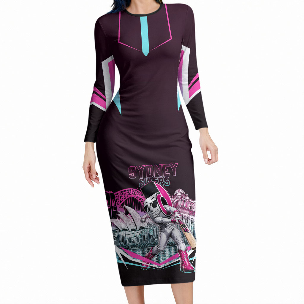 Personalised Sydney Sixers Cricket Mascot Skyline Long Sleeve Bodycon Dress Retro Neon Graphic Fan Art