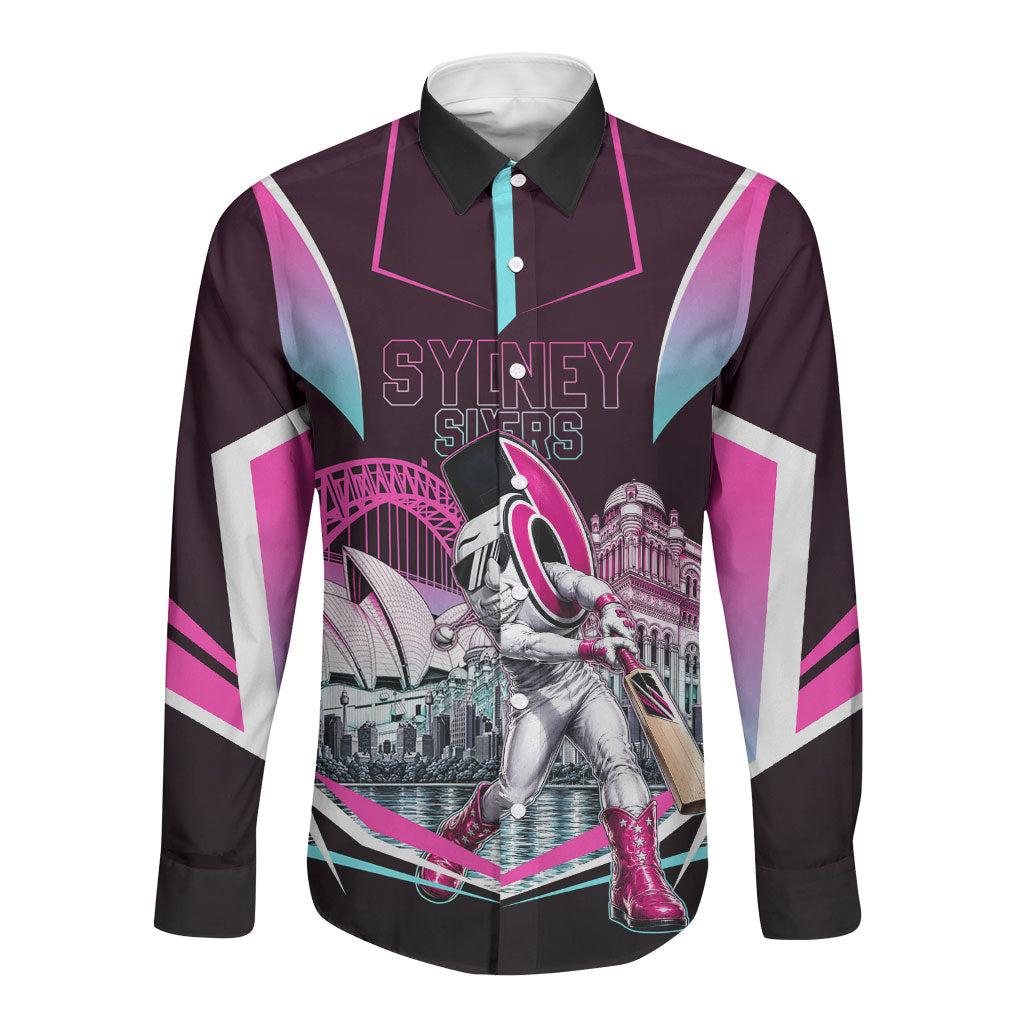 Personalised Sydney Sixers Cricket Mascot Skyline Long Sleeve Button Shirt Retro Neon Graphic Fan Art