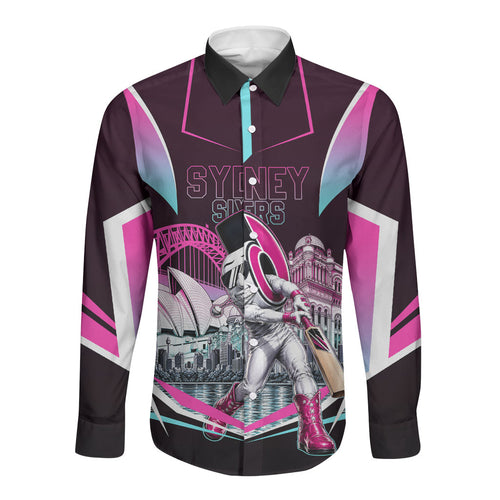 Personalised Sydney Sixers Cricket Mascot Skyline Long Sleeve Button Shirt Retro Neon Graphic Fan Art