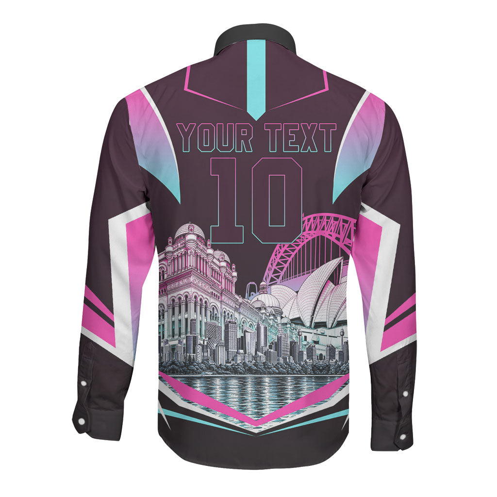 Personalised Sydney Sixers Cricket Mascot Skyline Long Sleeve Button Shirt Retro Neon Graphic Fan Art