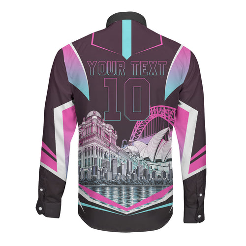 Personalised Sydney Sixers Cricket Mascot Skyline Long Sleeve Button Shirt Retro Neon Graphic Fan Art