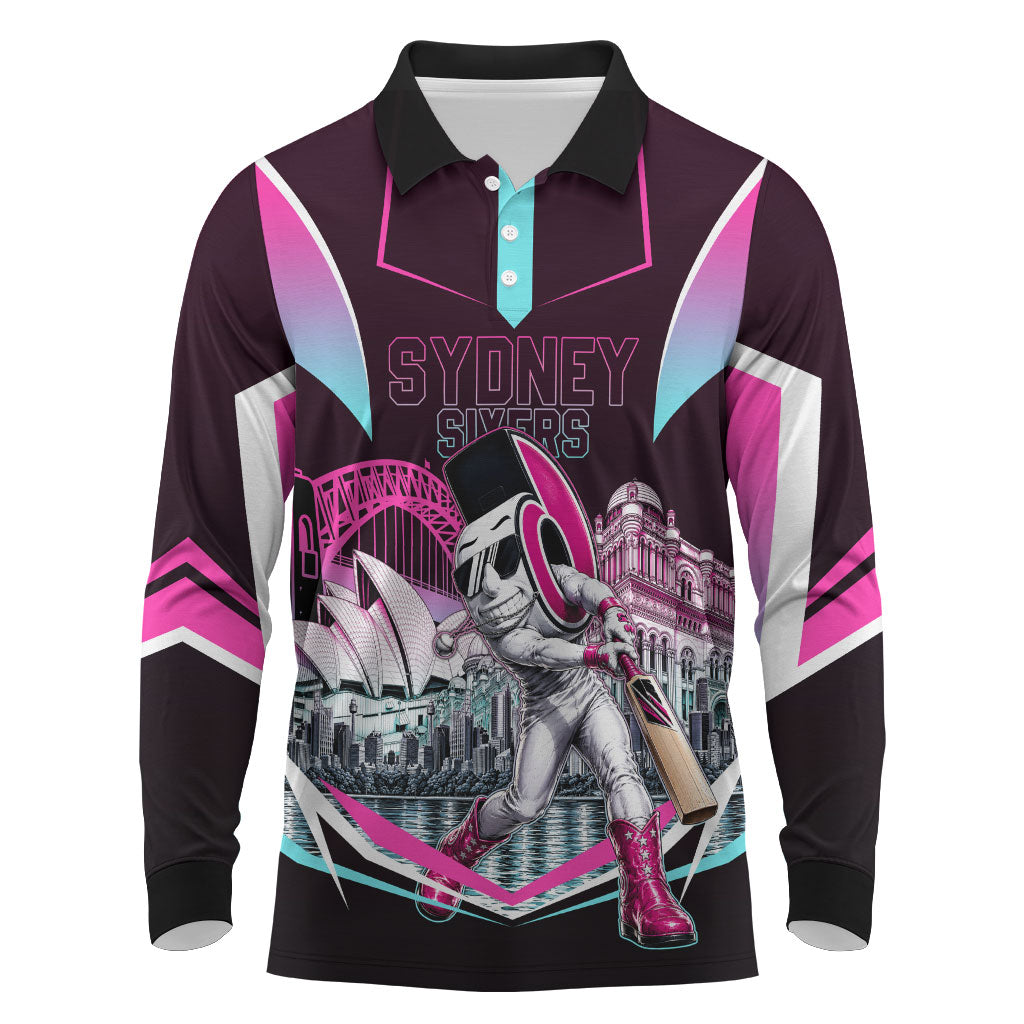 Personalised Sydney Sixers Cricket Mascot Skyline Long Sleeve Polo Shirt Retro Neon Graphic Fan Art