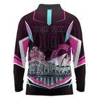 Personalised Sydney Sixers Cricket Mascot Skyline Long Sleeve Polo Shirt Retro Neon Graphic Fan Art