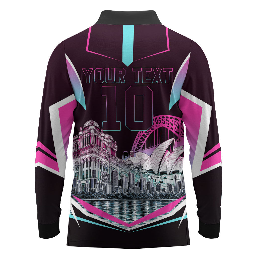 Personalised Sydney Sixers Cricket Mascot Skyline Long Sleeve Polo Shirt Retro Neon Graphic Fan Art