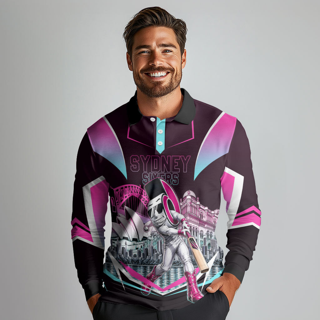 Personalised Sydney Sixers Cricket Mascot Skyline Long Sleeve Polo Shirt Retro Neon Graphic Fan Art