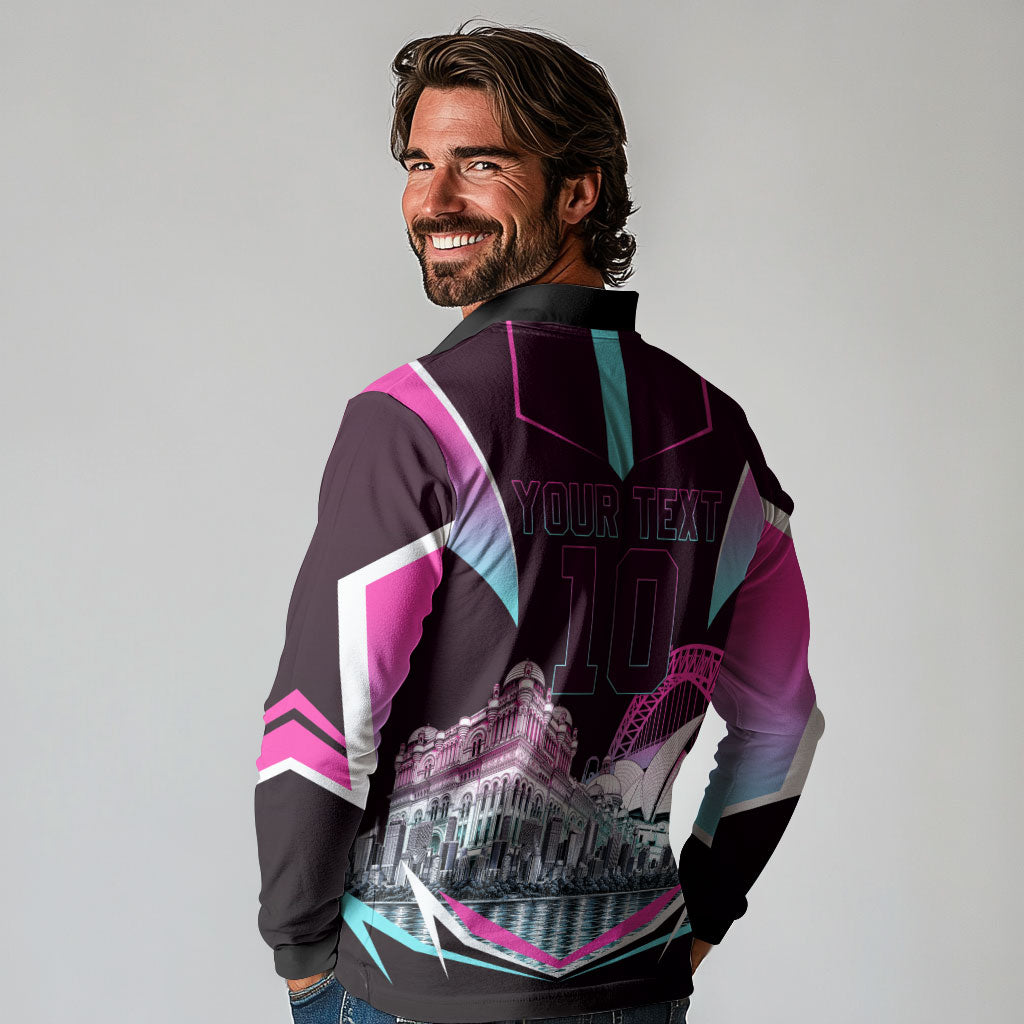 Personalised Sydney Sixers Cricket Mascot Skyline Long Sleeve Polo Shirt Retro Neon Graphic Fan Art