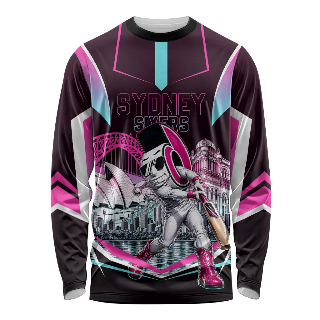 Personalised Sydney Sixers Cricket Mascot Skyline Long Sleeve Shirt Retro Neon Graphic Fan Art