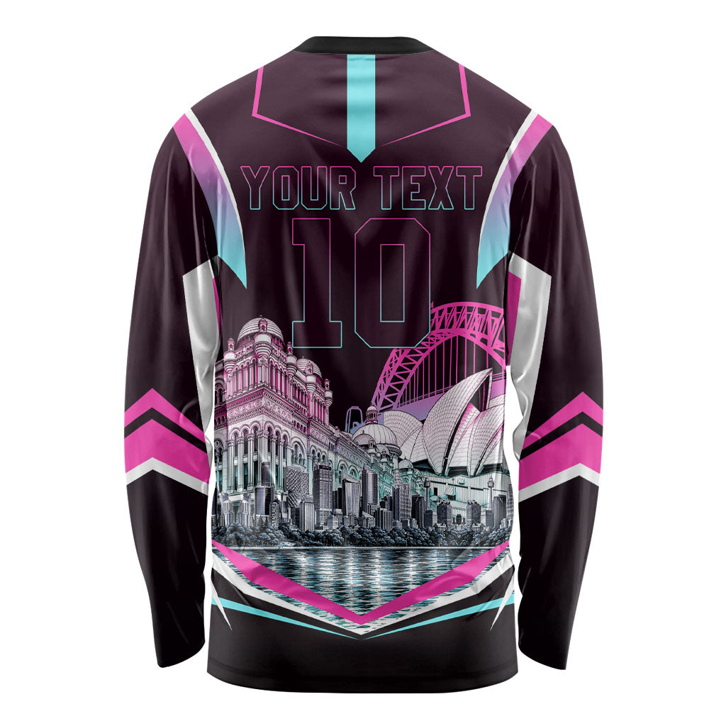 Personalised Sydney Sixers Cricket Mascot Skyline Long Sleeve Shirt Retro Neon Graphic Fan Art
