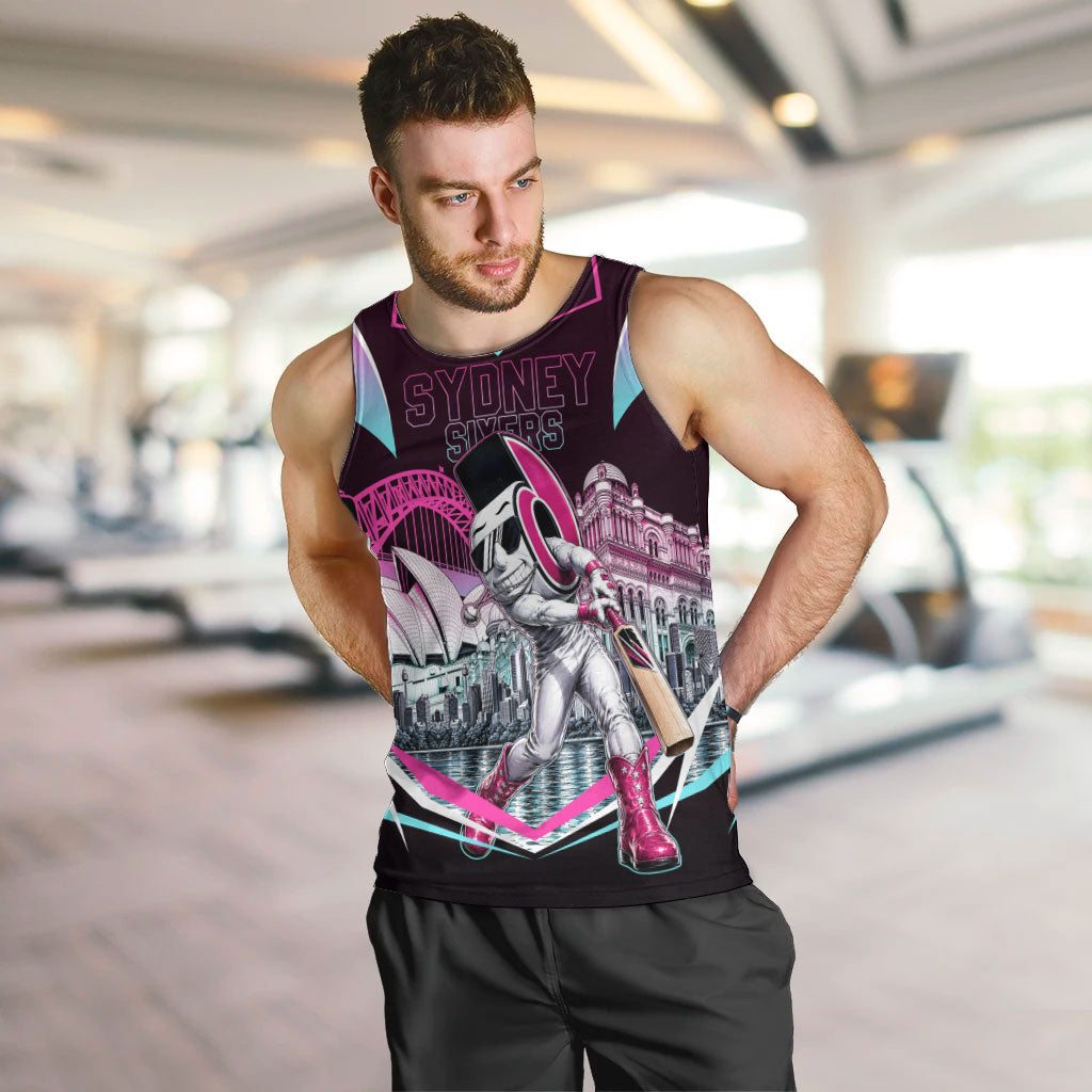 Personalised Sydney Sixers Cricket Mascot Skyline Men Tank Top Retro Neon Graphic Fan Art