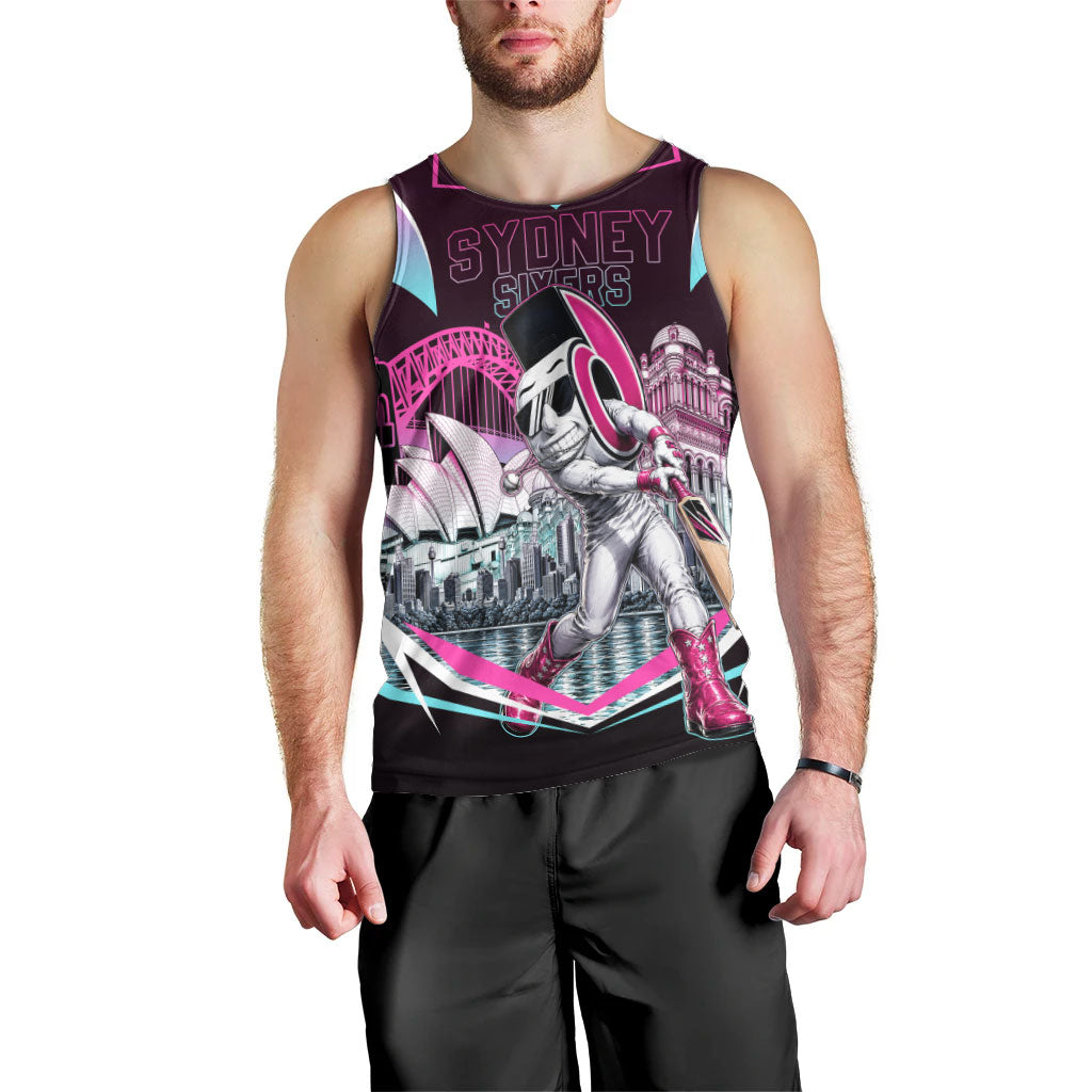 Personalised Sydney Sixers Cricket Mascot Skyline Men Tank Top Retro Neon Graphic Fan Art