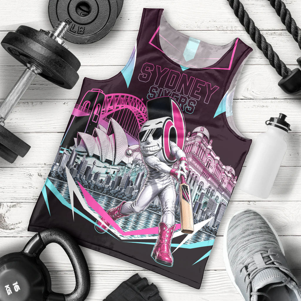 Personalised Sydney Sixers Cricket Mascot Skyline Men Tank Top Retro Neon Graphic Fan Art