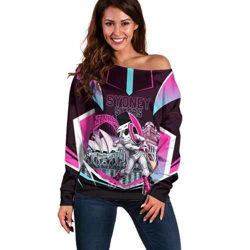 Personalised Sydney Sixers Cricket Mascot Skyline Off Shoulder Sweater Retro Neon Graphic Fan Art