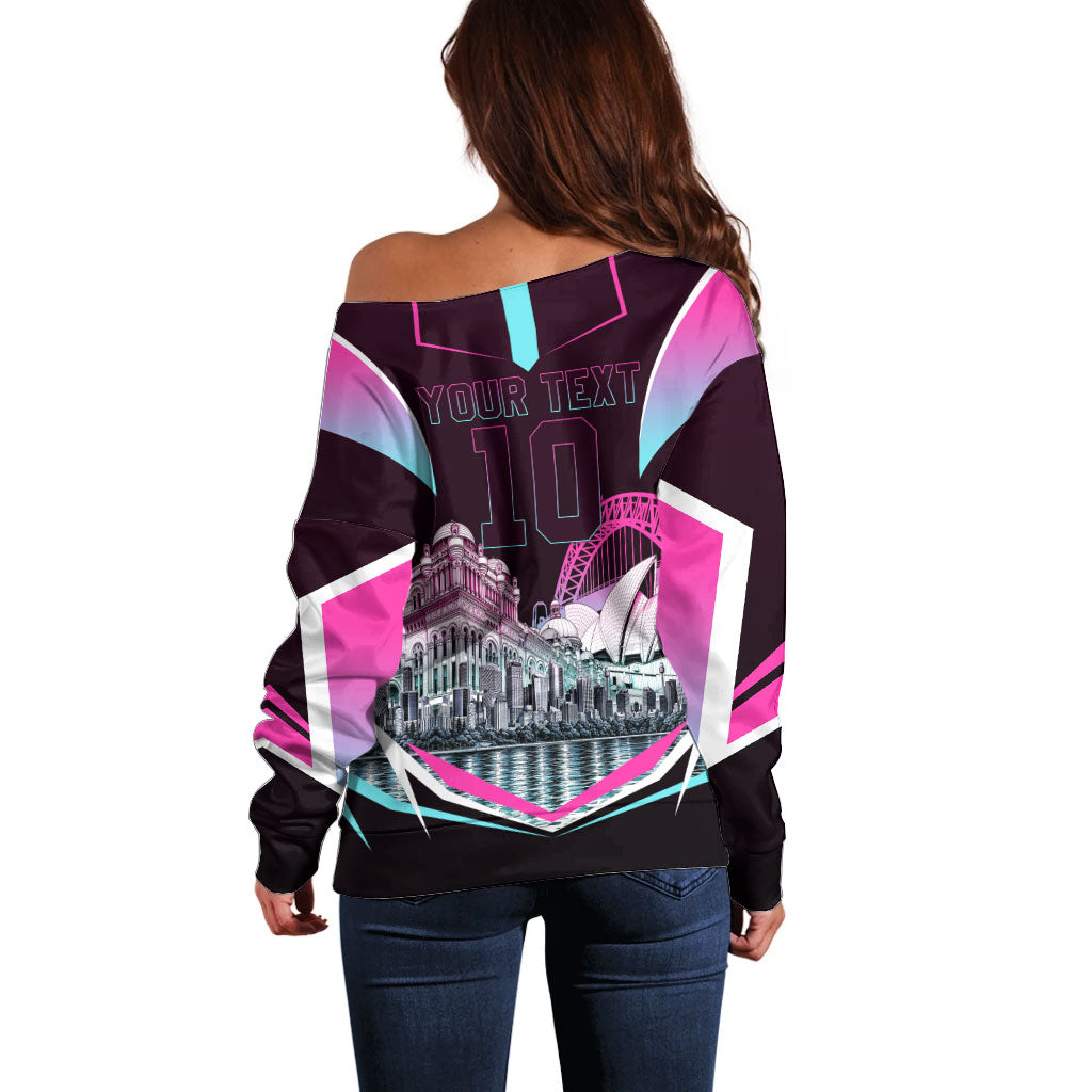 Personalised Sydney Sixers Cricket Mascot Skyline Off Shoulder Sweater Retro Neon Graphic Fan Art