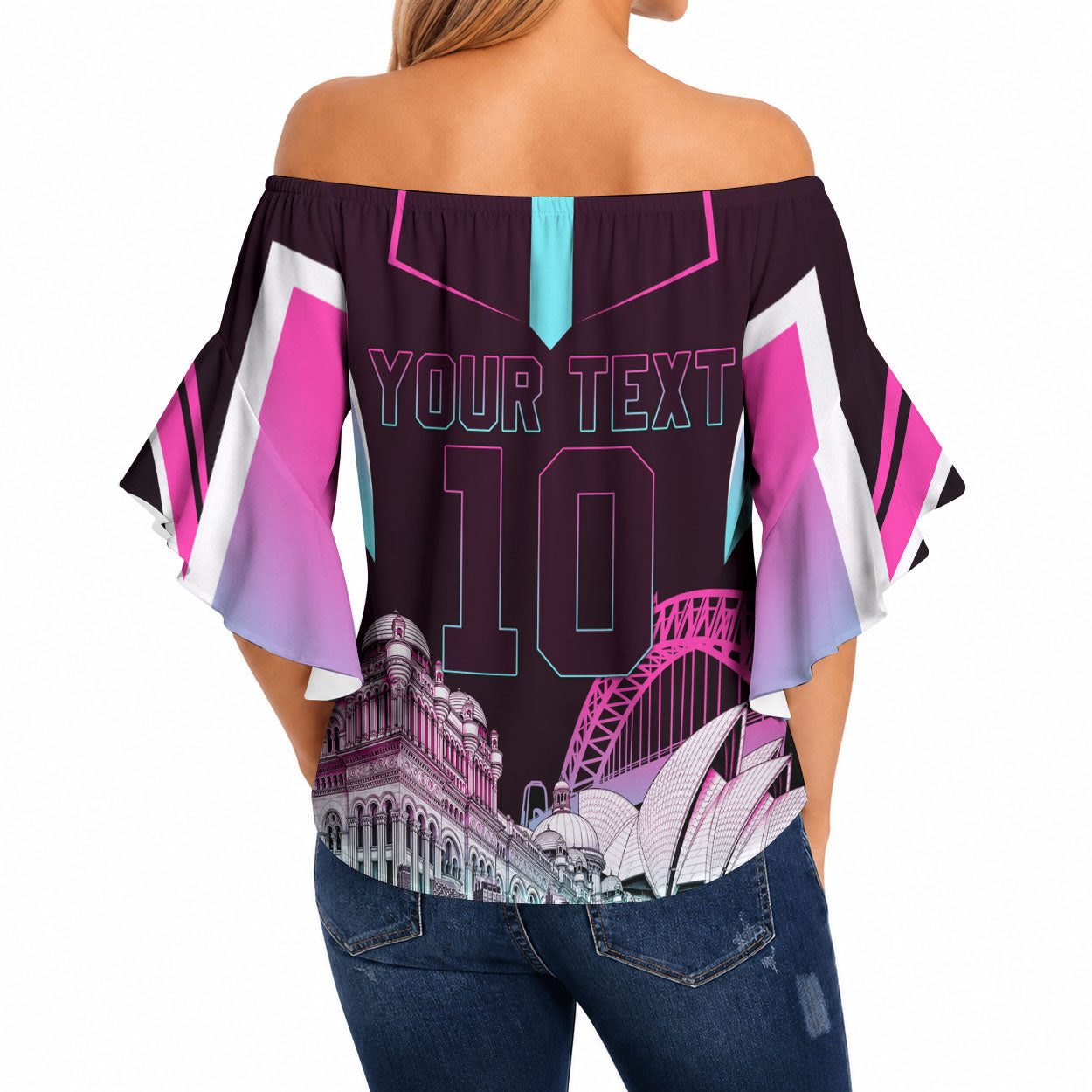 Personalised Sydney Sixers Cricket Mascot Skyline Off Shoulder Wrap Waist Top Retro Neon Graphic Fan Art