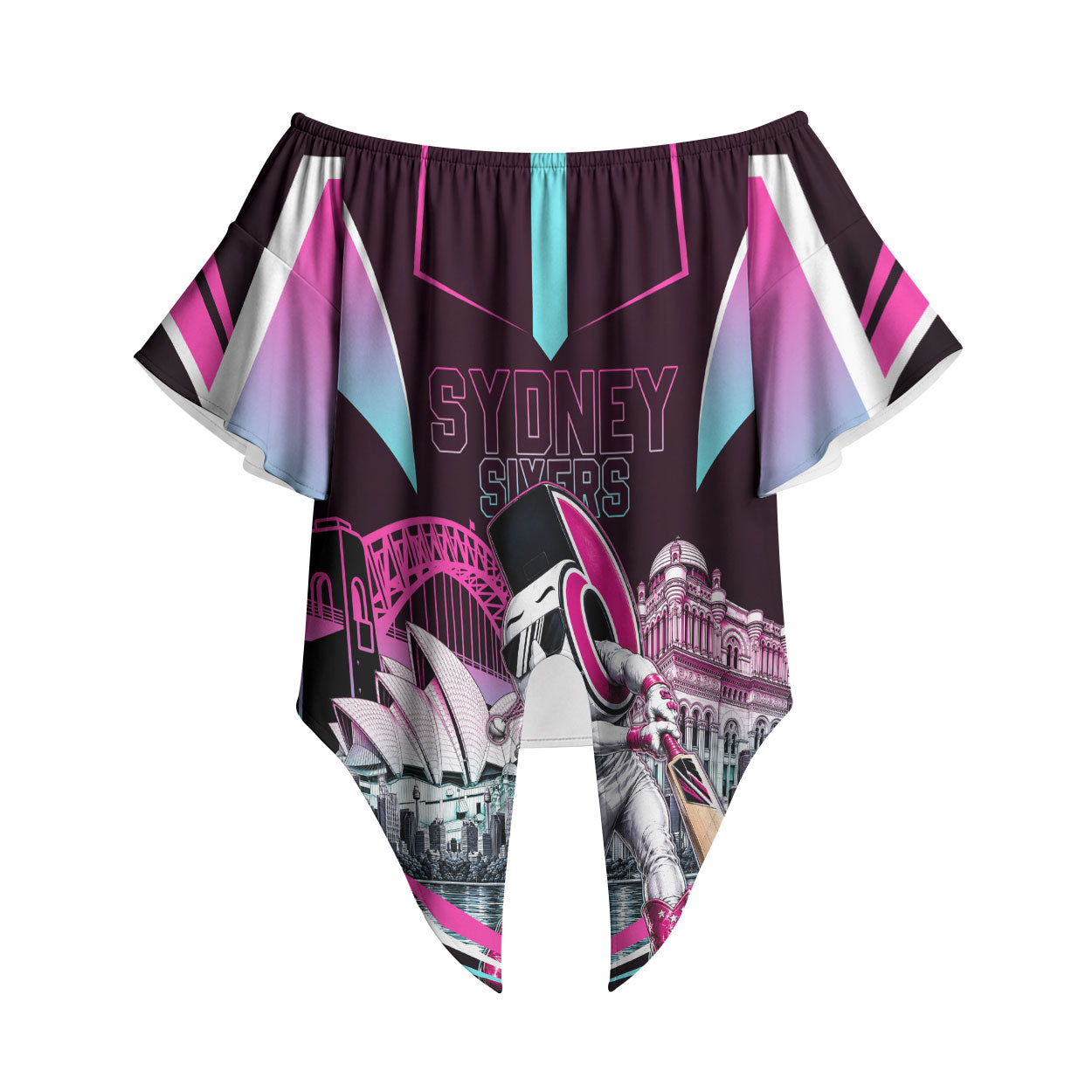 Personalised Sydney Sixers Cricket Mascot Skyline Off Shoulder Wrap Waist Top Retro Neon Graphic Fan Art