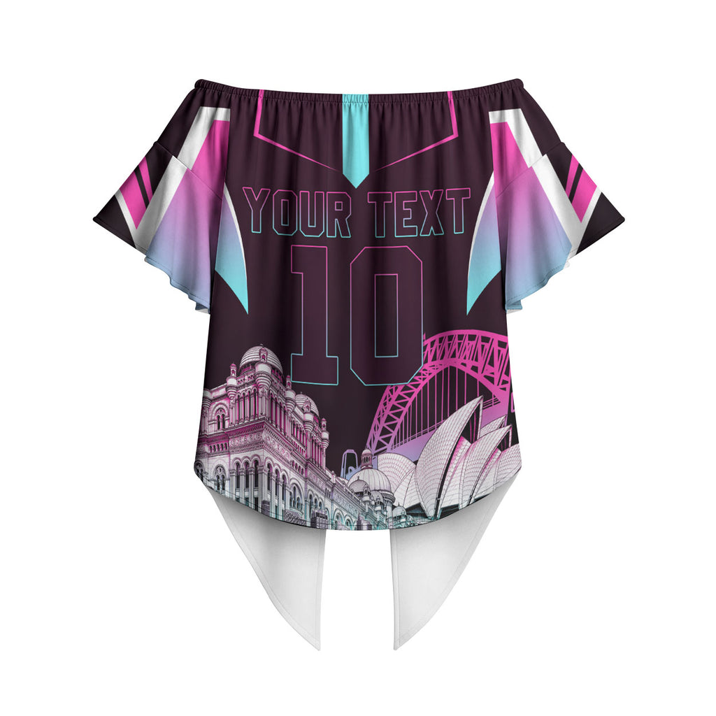 Personalised Sydney Sixers Cricket Mascot Skyline Off Shoulder Wrap Waist Top Retro Neon Graphic Fan Art