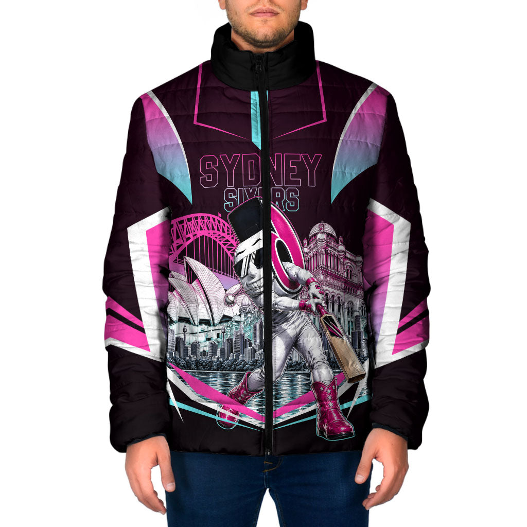 Personalised Sydney Sixers Cricket Mascot Skyline Padded Jacket Retro Neon Graphic Fan Art