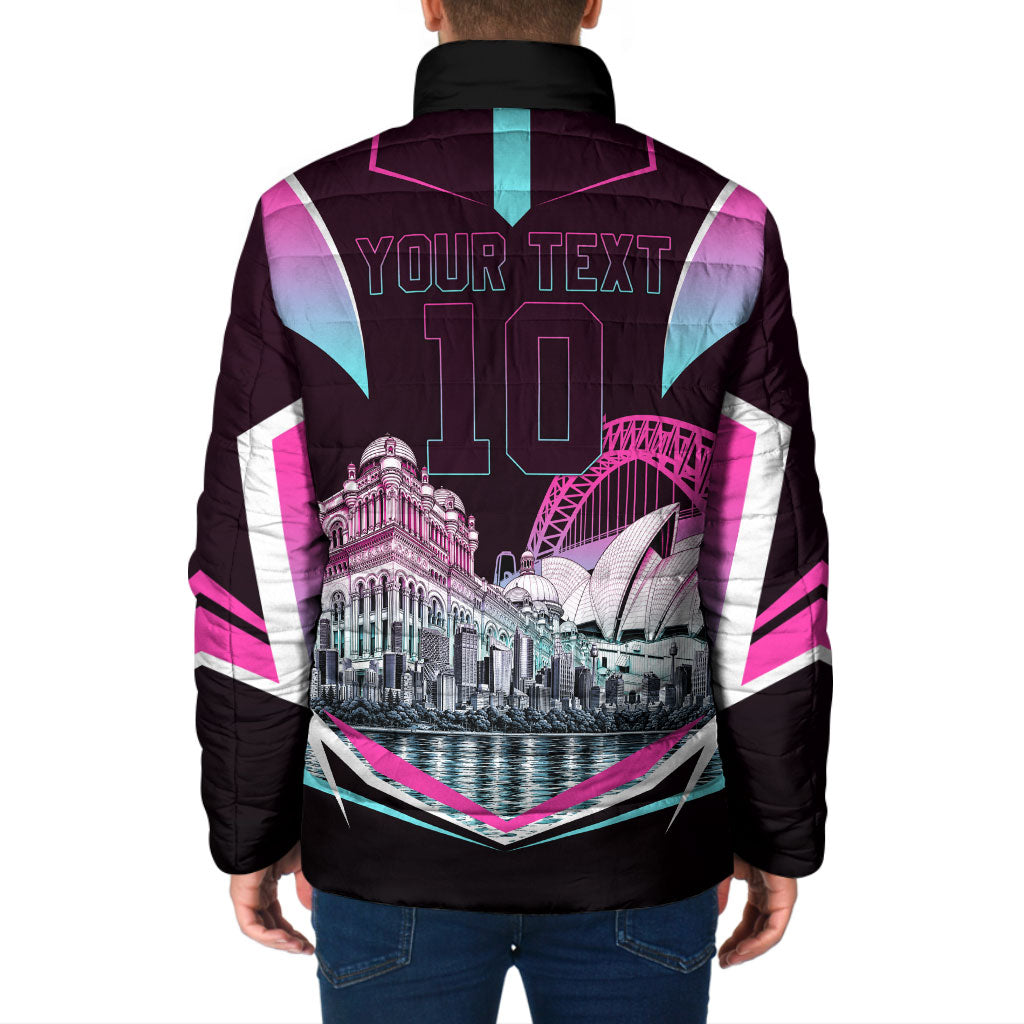 Personalised Sydney Sixers Cricket Mascot Skyline Padded Jacket Retro Neon Graphic Fan Art