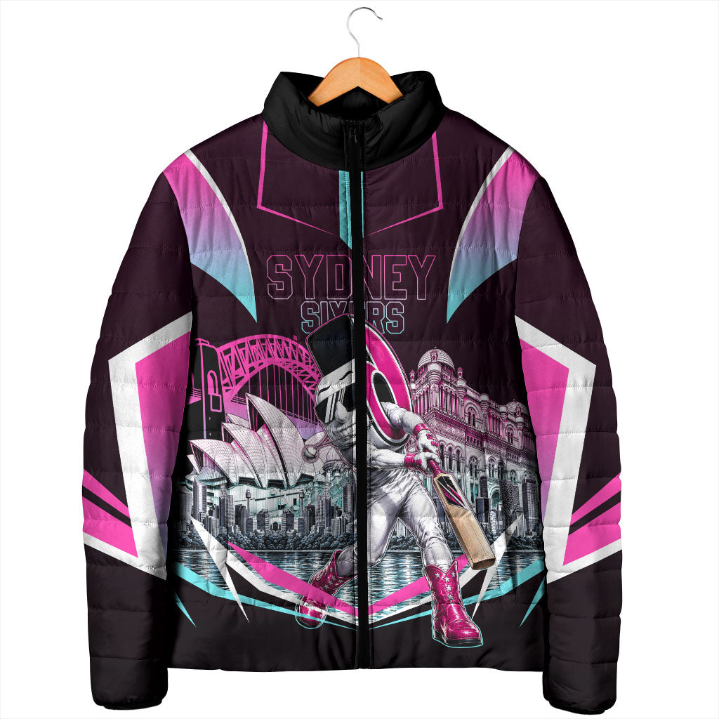Personalised Sydney Sixers Cricket Mascot Skyline Padded Jacket Retro Neon Graphic Fan Art