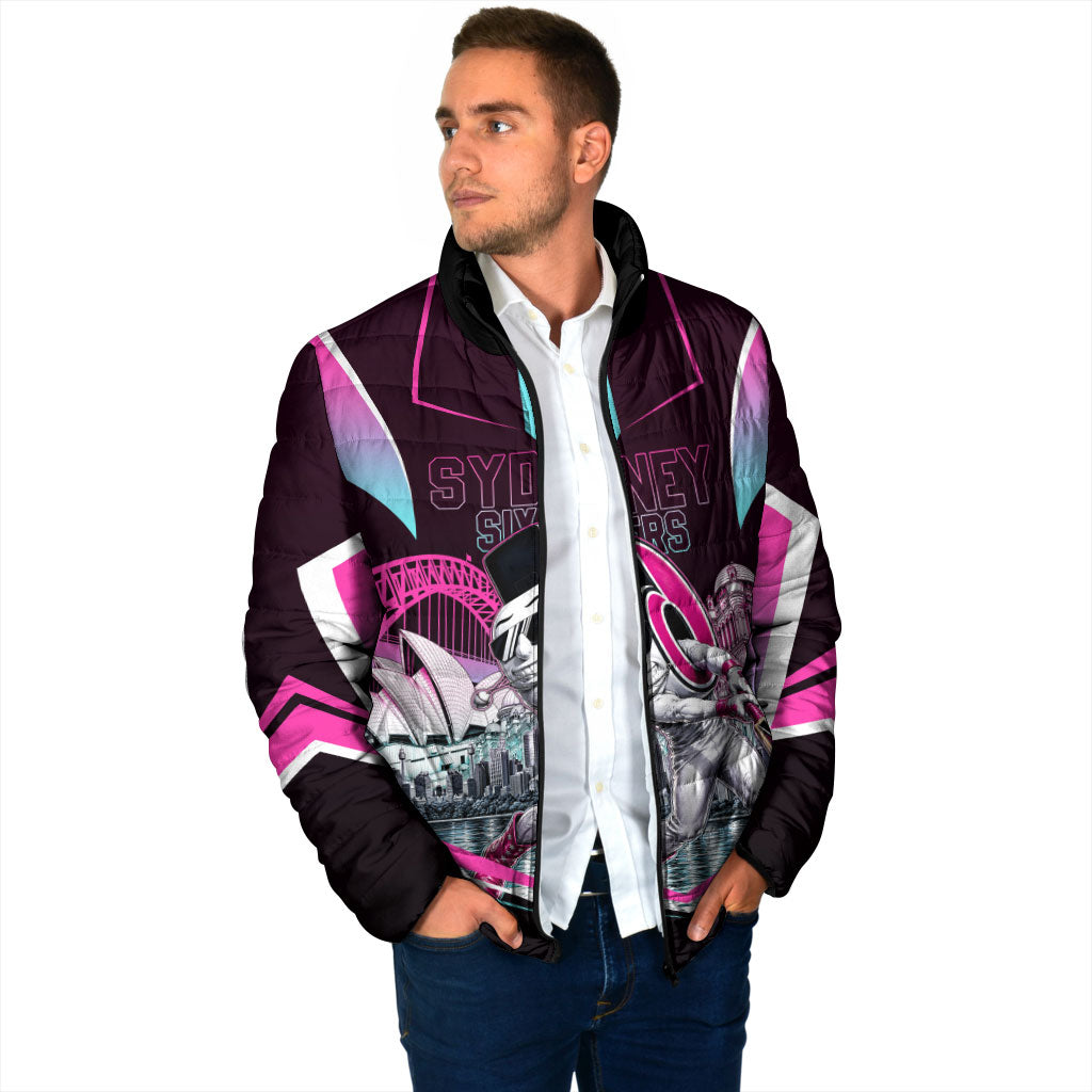 Personalised Sydney Sixers Cricket Mascot Skyline Padded Jacket Retro Neon Graphic Fan Art